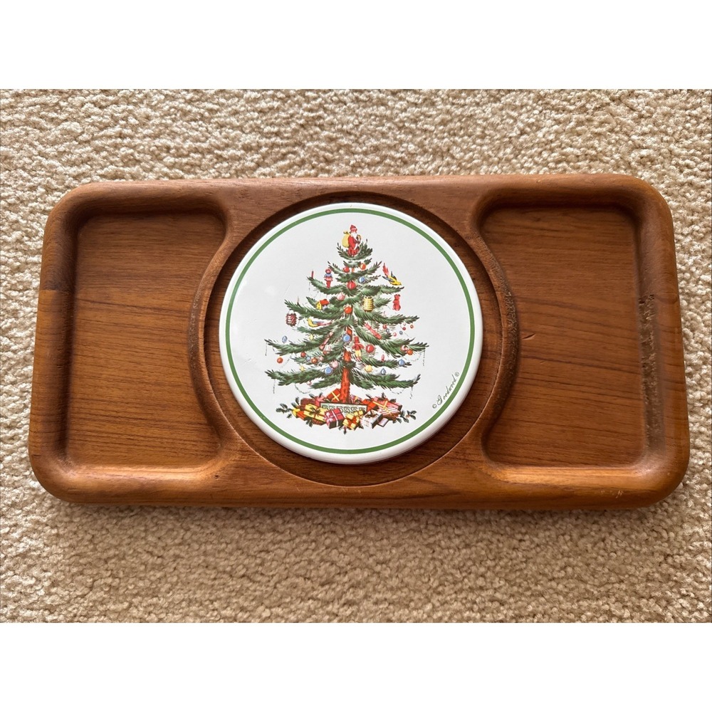 Vintage Goodwood Teak Wood Snack Tray Christmas Tree Metal Tile Trivet MCM 70s